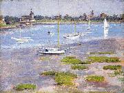 Theodore Robinson Theodore Robinson, Low Tide Riverside Yacht Club Germany oil painting artist